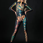 Snakes & Spiders Skeleton Halloween costume for women, featuring a full-body skeleton catsuit with snake and spider accents, perfect for Halloween or gothic-themed events.