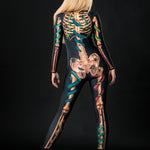Close-up of the detailed snake, spider, and skeleton design on the full-body catsuit, ideal for a bold Halloween or gothic festival look.