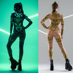 Back collage of GREEN TRIBAL Tattoo Catsuit – tribal designs in normal and UV-reactive lighting.