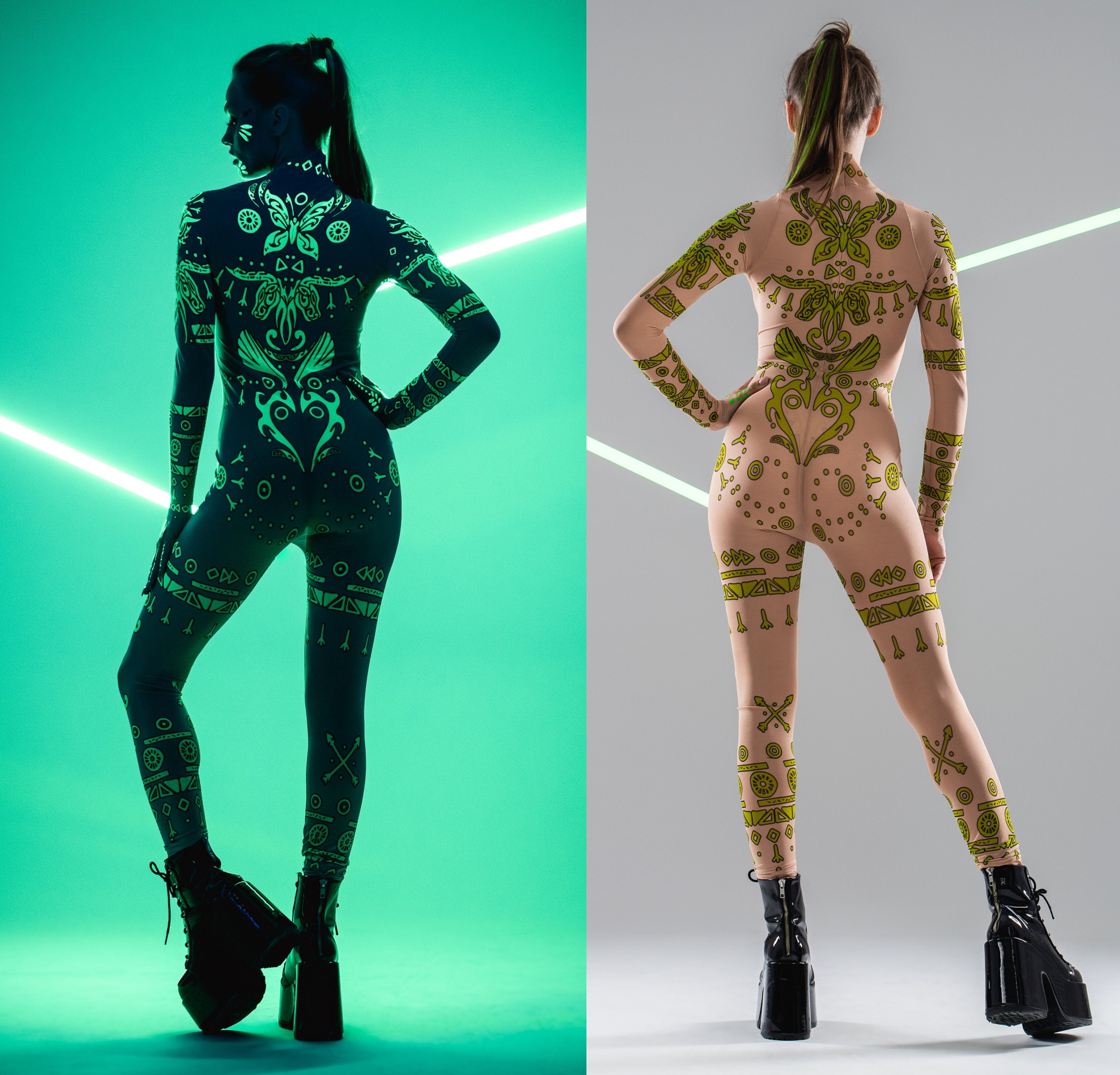 Back collage of GREEN TRIBAL Tattoo Catsuit – tribal designs in normal and UV-reactive lighting.