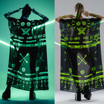 Back collage of chiffon kimono over GREEN TRIBAL Tattoo Catsuit – in natural and UV-reactive lighting.