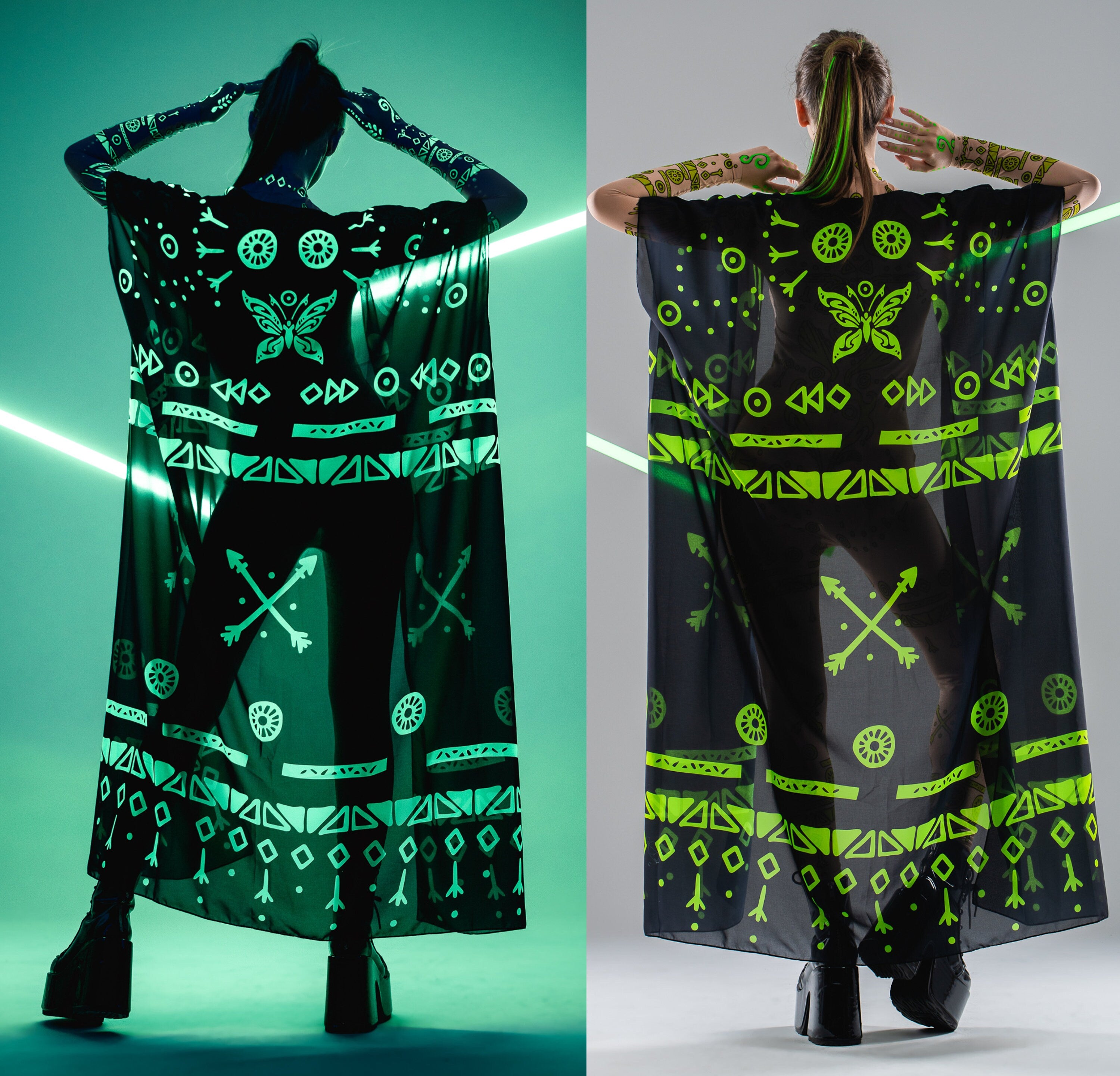 Back collage of chiffon kimono over GREEN TRIBAL Tattoo Catsuit – in natural and UV-reactive lighting.