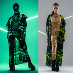 Front collage of GREEN TRIBAL Tattoo Catsuit with chiffon kimono – shown in natural and UV-reactive light.