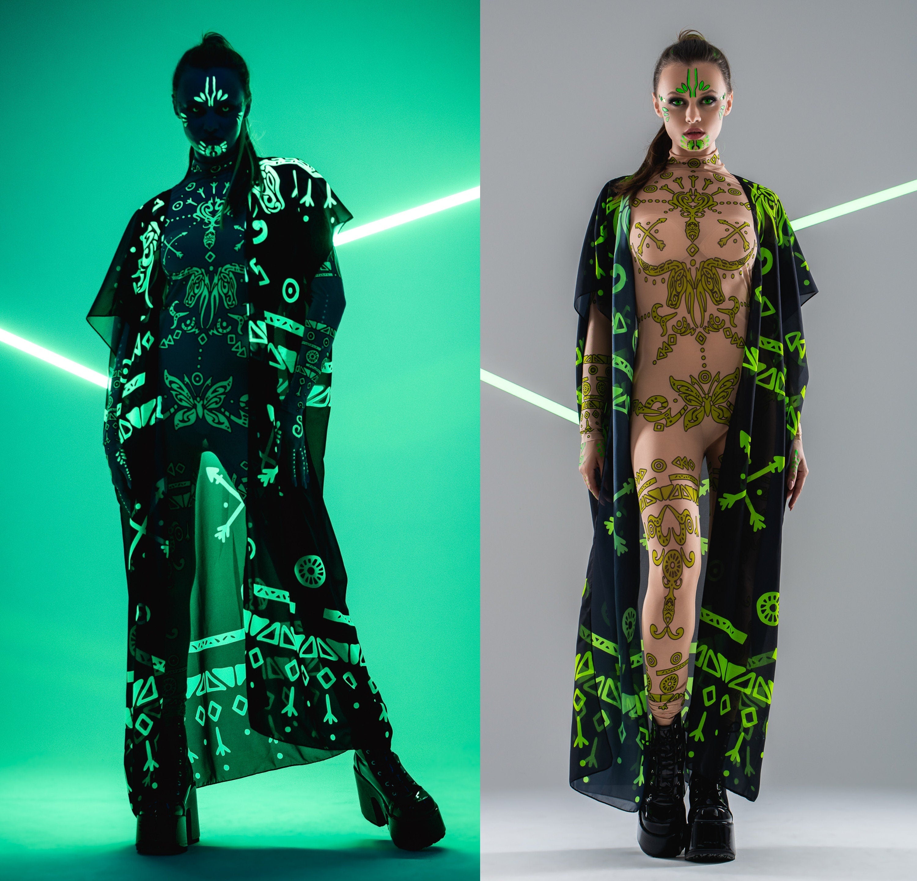 Front collage of GREEN TRIBAL Tattoo Catsuit with chiffon kimono – shown in natural and UV-reactive light.