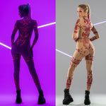 Back collage of PINK TRIBAL Tattoo Catsuit – bright tattoo patterns in normal and UV light.
