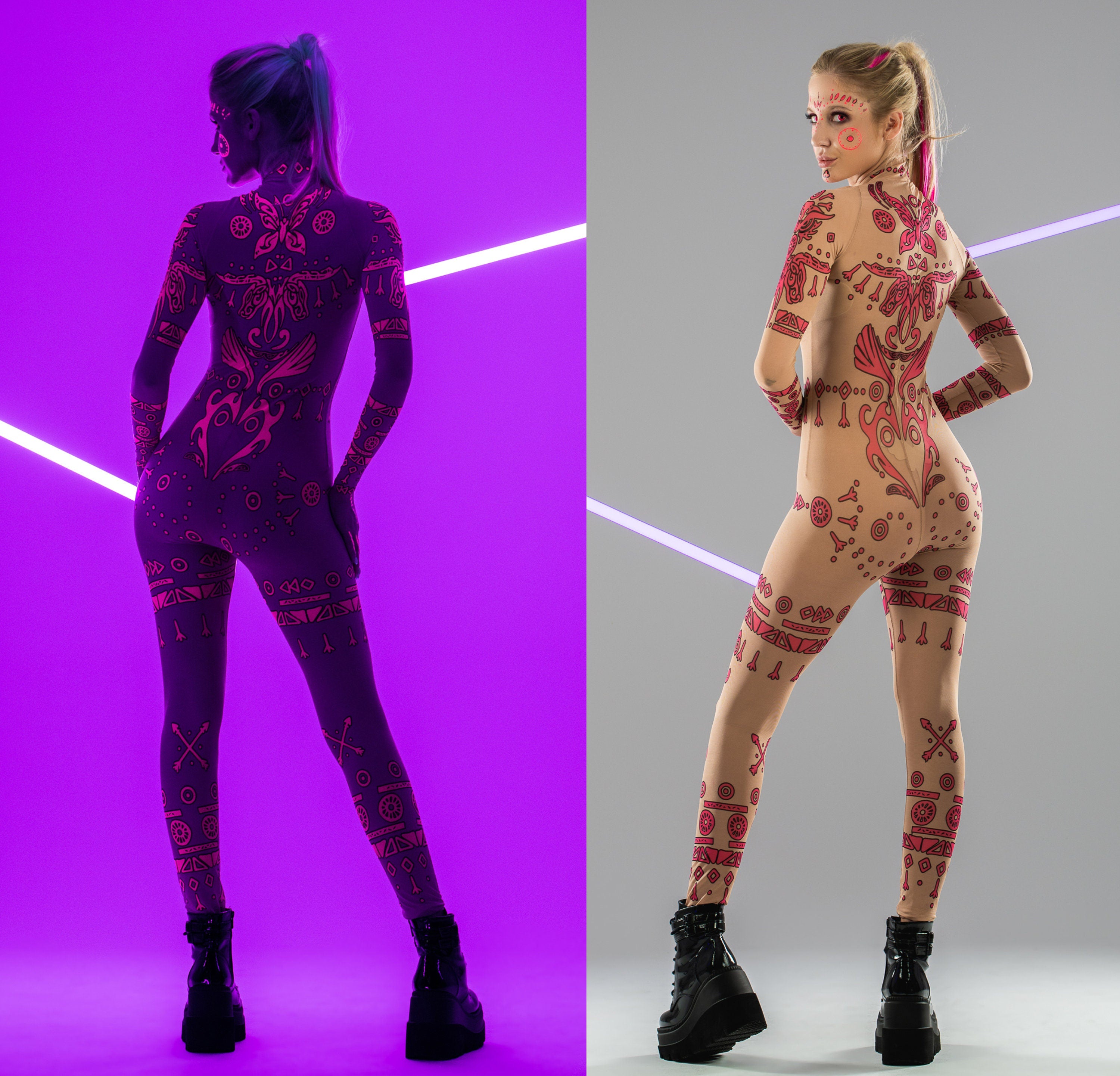 Back collage of PINK TRIBAL Tattoo Catsuit – bright tattoo patterns in normal and UV light.