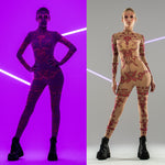 Front collage of PINK TRIBAL Tattoo Catsuit alone – displayed in regular and UV-reactive light.
