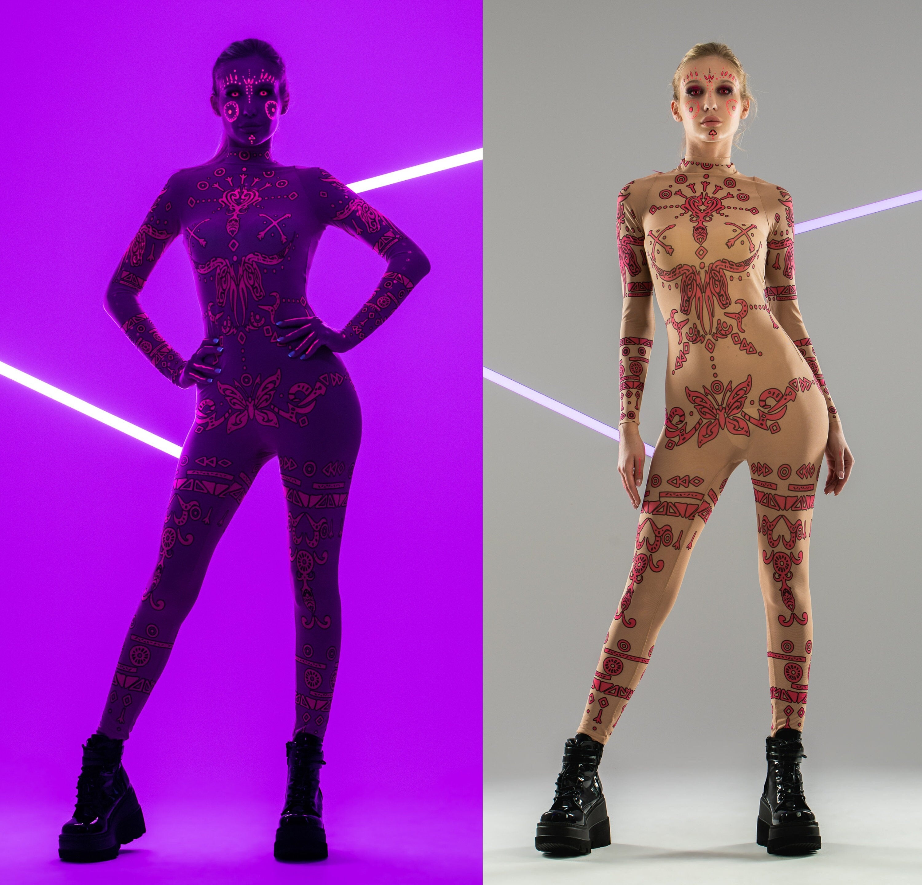 Front collage of PINK TRIBAL Tattoo Catsuit alone – displayed in regular and UV-reactive light.