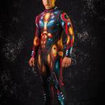 Man wearing the Graphite Cyber Hero costume, a full-body robot-themed suit with gold accents, perfect for Halloween or sci-fi cosplay events.