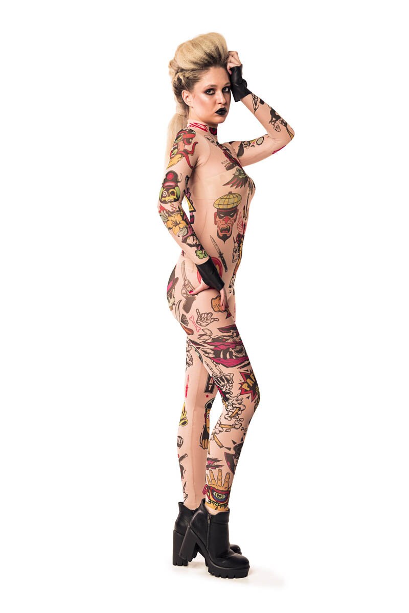 Right side view of REBEL TATTOOS (color) Tattoo Catsuit for Women – colorful tattoo design wrapping around the silhouette.