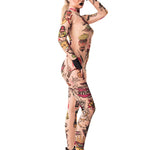 Right side view of REBEL TATTOOS (color) Tattoo Catsuit for Women – colorful tattoo design wrapping around the silhouette.