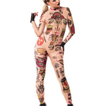 Front view of REBEL TATTOOS (color) Tattoo Catsuit for Women – styled with fingerless gloves for an edgy look.