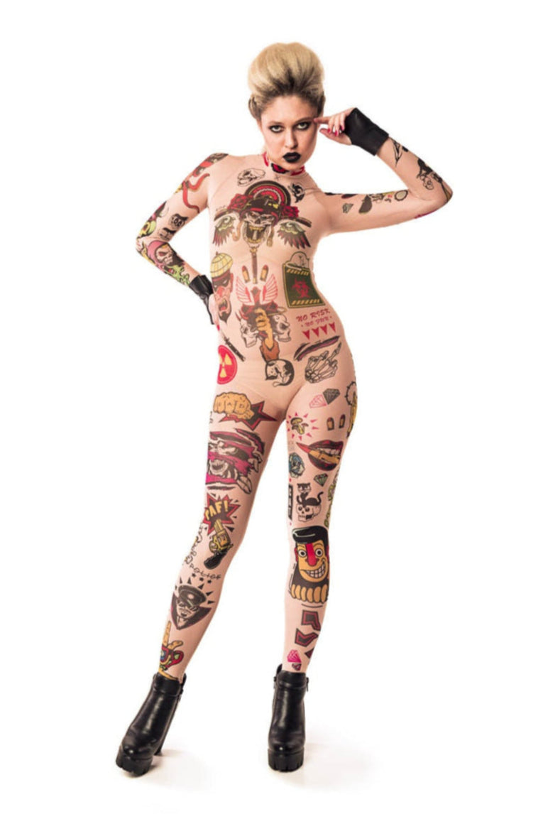 Full front view of REBEL TATTOOS (color) Tattoo Catsuit for Women – colorful tattoo-effect design and sleek fit.