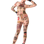 Full front view of REBEL TATTOOS (color) Tattoo Catsuit for Women – colorful tattoo-effect design and sleek fit.