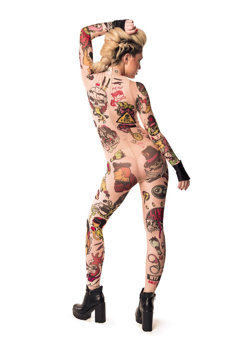 Full back view of REBEL TATTOOS (color) Tattoo Catsuit for Women – highlighting colorful tattoo-inspired artwork and body-hugging fit.