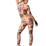 Full back view of REBEL TATTOOS (color) Tattoo Catsuit for Women – highlighting colorful tattoo-inspired artwork and body-hugging fit.