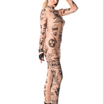 Right side view of REBEL TATTOOS (black) Tattoo Catsuit for Women – showing the fluid tattoo-effect lines and fitted shape.