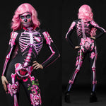 Woman posing in the Pink Sugar Skull Skeleton Halloween costume, highlighting the vibrant pastel pink skeleton design and sugar skull theme, great for Halloween or as a unique festival outfit.