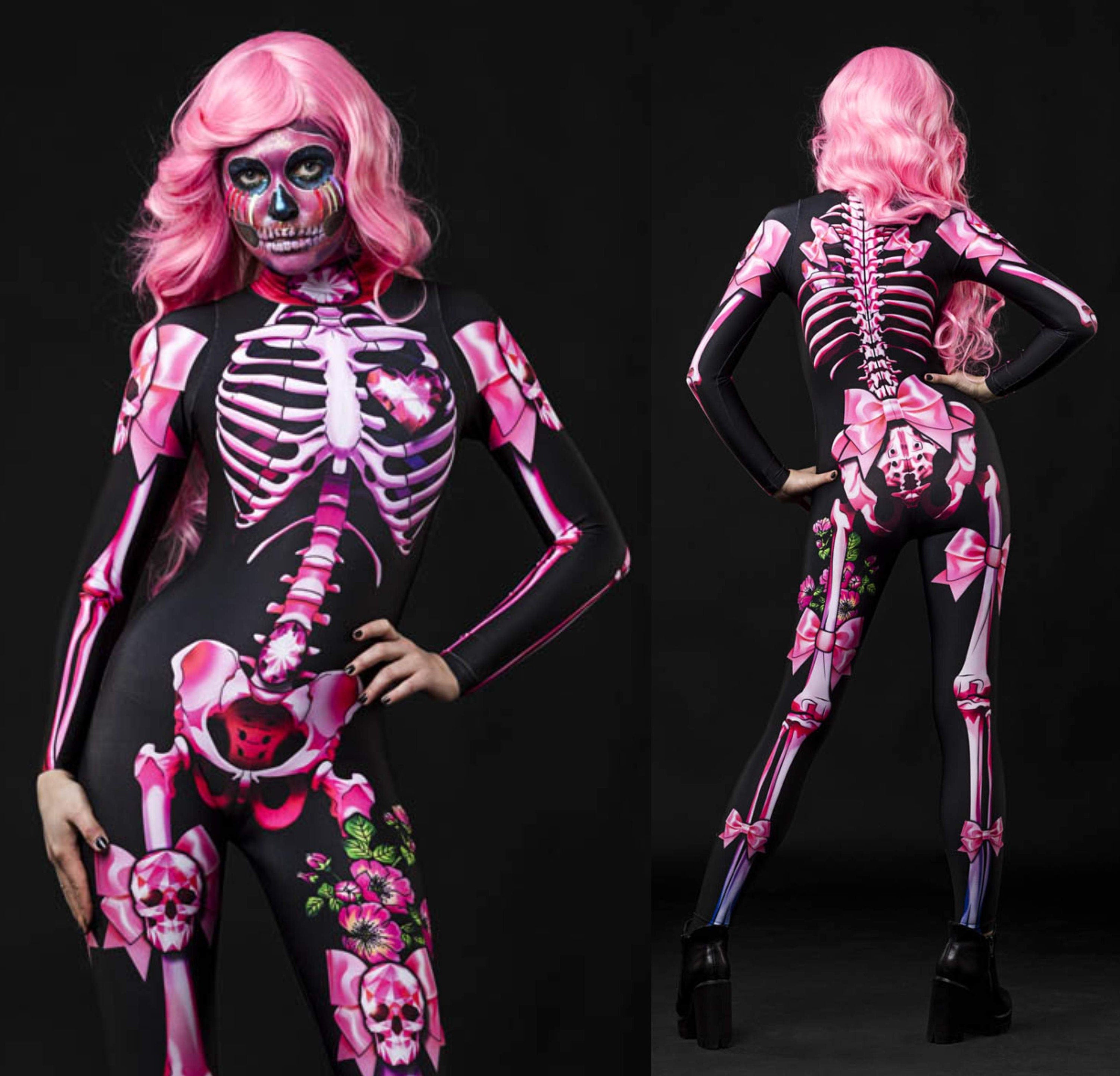 Woman posing in the Pink Sugar Skull Skeleton Halloween costume, highlighting the vibrant pastel pink skeleton design and sugar skull theme, great for Halloween or as a unique festival outfit.