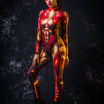Woman wearing the Red Gold Cyber Hero costume, a full-body cyborg-inspired suit with gold accents, perfect for Halloween parties or sci-fi cosplay.