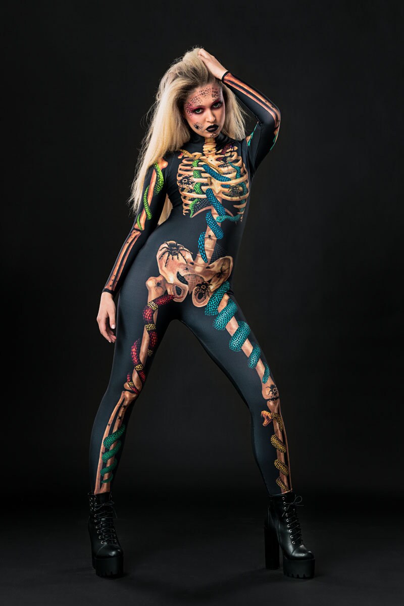 Snakes & Spiders Skeleton Halloween costume for women, featuring a full-body skeleton catsuit with snake and spider accents, perfect for Halloween or gothic-themed events.