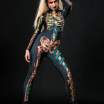 Snakes & Spiders Skeleton Halloween costume for women, featuring a full-body skeleton catsuit with snake and spider accents, perfect for Halloween or gothic-themed events.