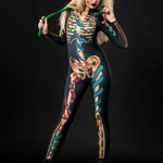 Snakes & Spiders Skeleton Halloween costume for women, featuring a full-body skeleton catsuit with snake and spider accents, perfect for Halloween or gothic-themed events.