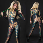 Woman wearing the Snakes & Spiders Skeleton costume, featuring a detailed skeleton design with gothic-style snake and spider accents, perfect for Halloween or cosplay festivals.