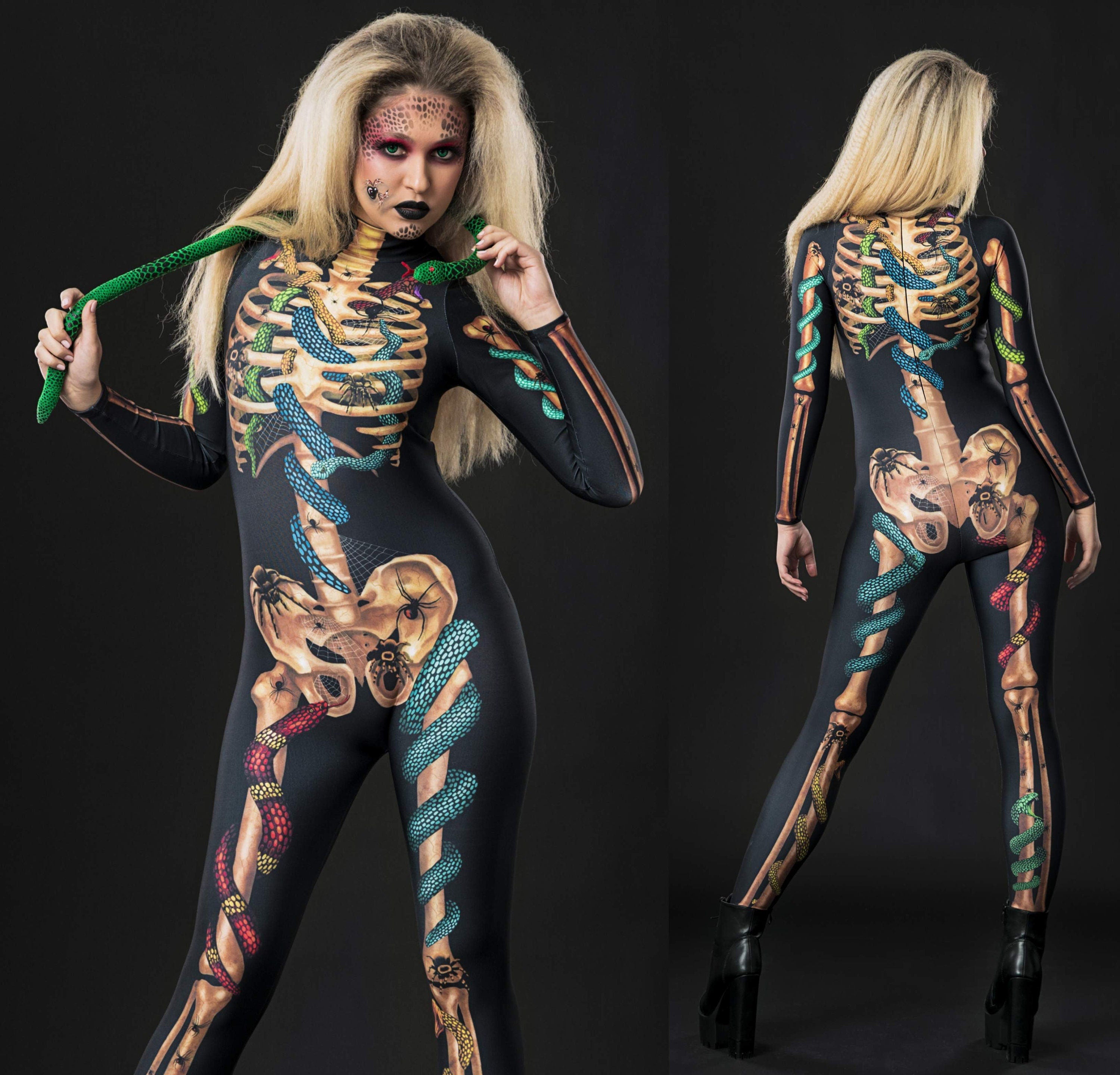Woman wearing the Snakes & Spiders Skeleton costume, featuring a detailed skeleton design with gothic-style snake and spider accents, perfect for Halloween or cosplay festivals.