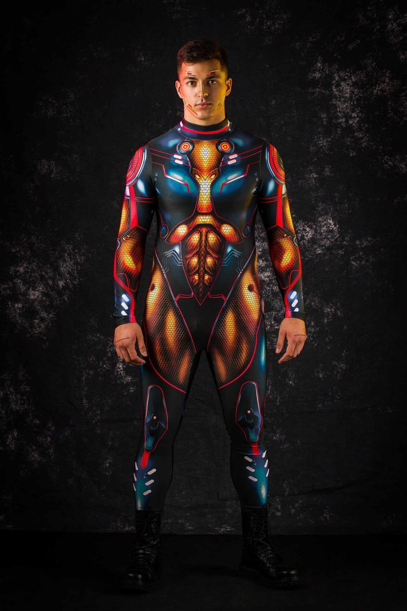 Graphite Cyber Hero Halloween costume for men, featuring a full-body robotic design with gold accents, perfect for Halloween parties or cosplay events.