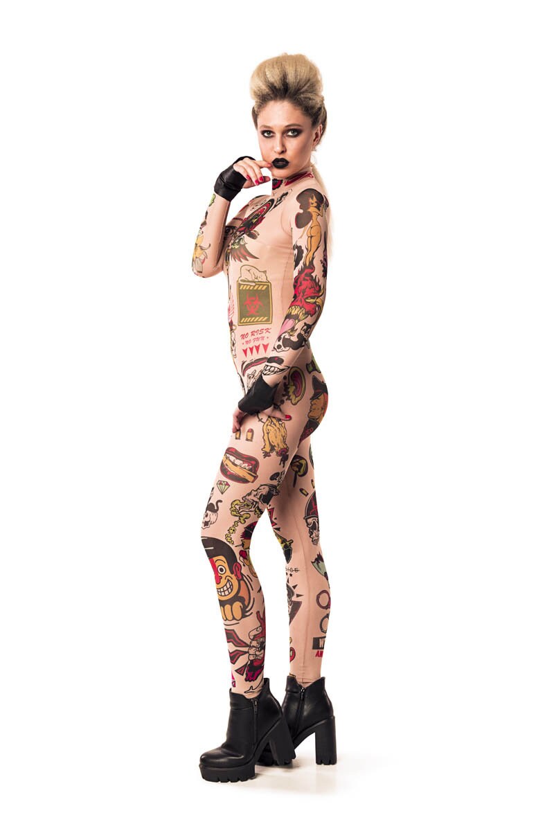 Left side view of REBEL TATTOOS (color) Tattoo Catsuit for Women – showcasing vibrant tattoo-effect patterns and sleek lines.