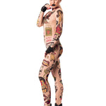 Left side view of REBEL TATTOOS (color) Tattoo Catsuit for Women – showcasing vibrant tattoo-effect patterns and sleek lines.