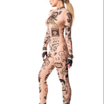 Left side view of REBEL TATTOOS (black) Tattoo Catsuit for Women – highlighting the dynamic curves and detailed black ink-style patterns.