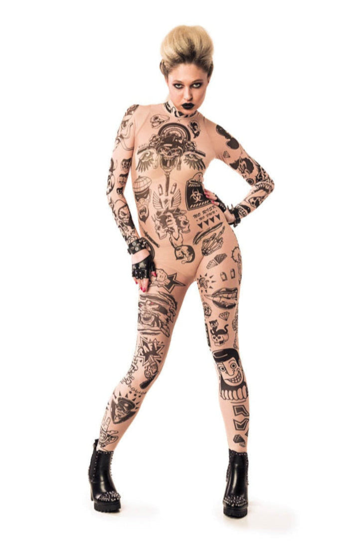 Full front view of REBEL TATTOOS (black) Tattoo Catsuit for Women – showcasing the bold, black tattoo-style design and sleek silhouette.