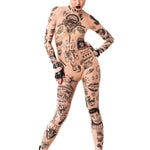 Full front view of REBEL TATTOOS (black) Tattoo Catsuit for Women – showcasing the bold, black tattoo-style design and sleek silhouette.