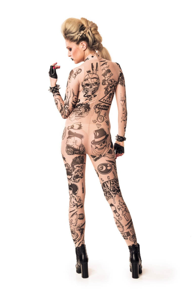 Dynamic back view of REBEL TATTOOS (black) Tattoo Catsuit for Women – model showcasing fingerless gloves for a rebellious, edgy look.