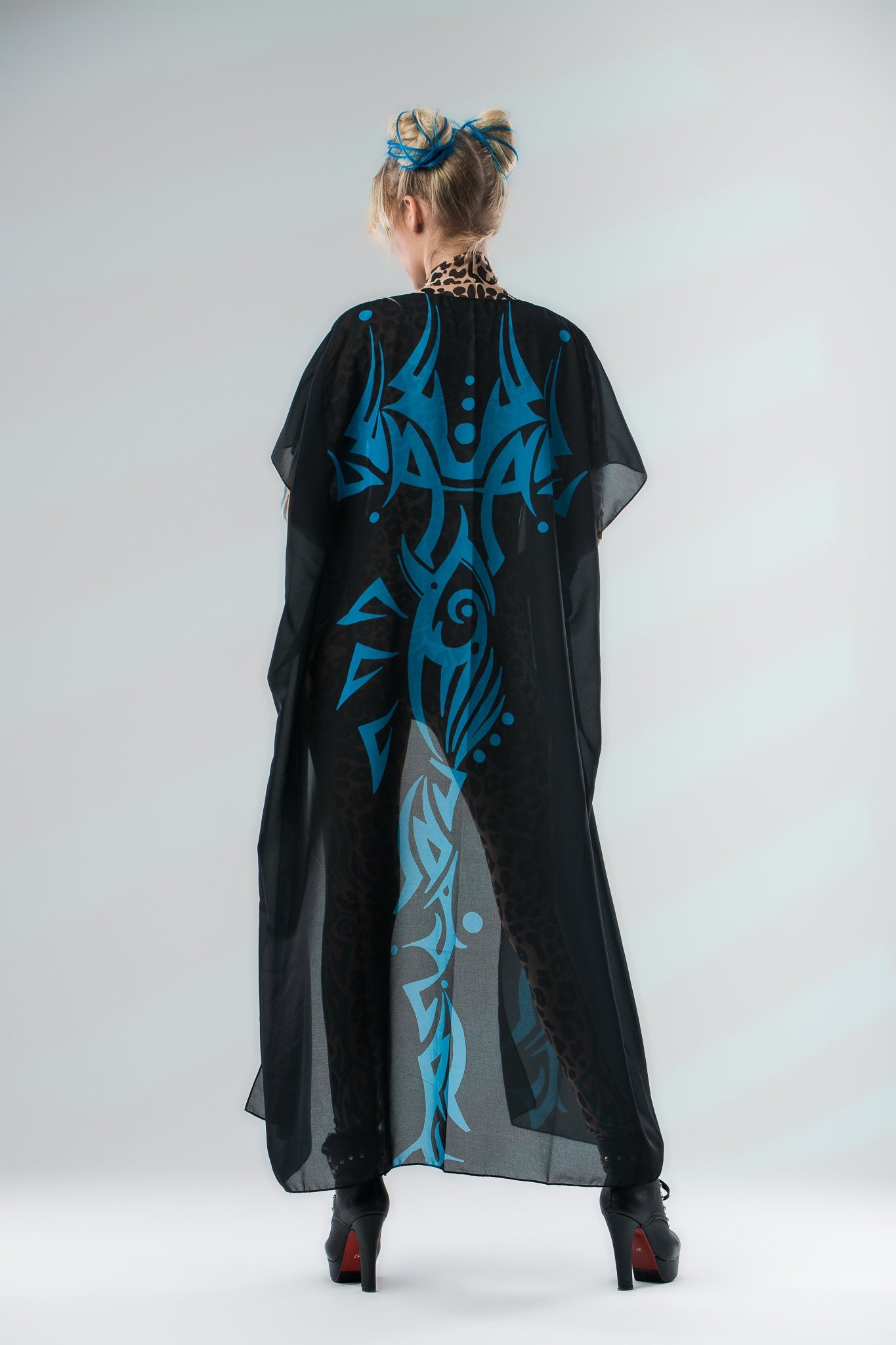 Back view of LEOPARD SPOTS Tattoo Catsuit for Women with sleeveless kimono – elegant and detailed styling from the back.