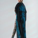 Back view of LEOPARD SPOTS Tattoo Catsuit for Women with sleeveless kimono slightly shifted to reveal tattoo design underneath.