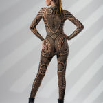 Full back view of MAJESTIC TRIBAL Tattoo Catsuit for Women – highlighting intricate tribal-inspired artwork across the back.