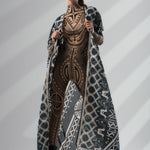Front view of MAJESTIC TRIBAL Tattoo Catsuit for Women styled with sleeveless kimono – blending bold tribal design with a flowing layer.