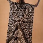 Back view of MAJESTIC TRIBAL Tattoo Catsuit for Women with sleeveless kimono – showcasing the elegant flow and intricate tribal-inspired pattern of the kimono.
