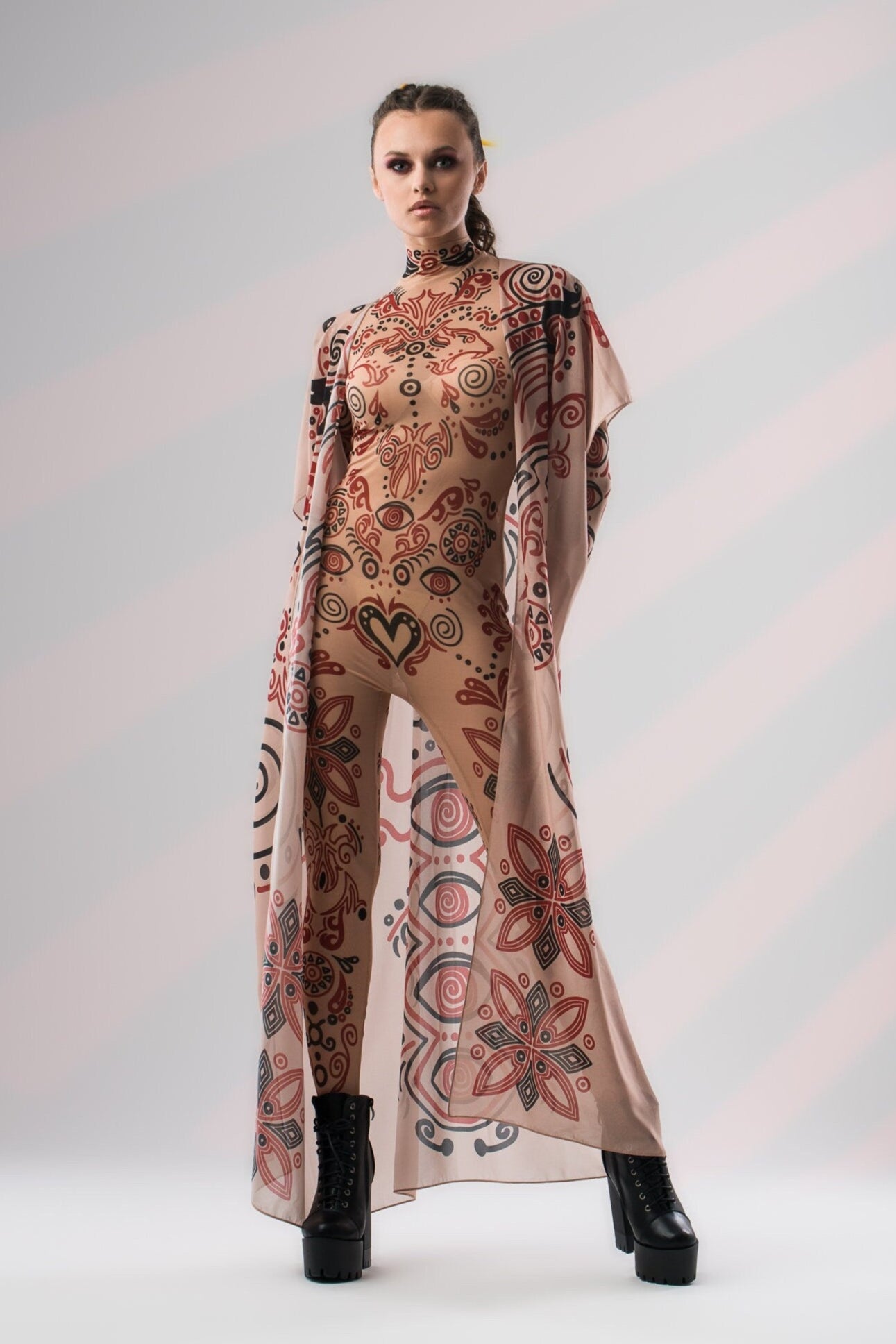 SCARLET INK Tattoo Catsuit for Women – front view showcasing tattoo design with flowing, sleeveless kimono addition.