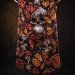 Orange Monarchy Butterflies Halloween kimono cape, featuring vibrant orange butterfly designs, perfect for Halloween or Day of the Dead celebrations.