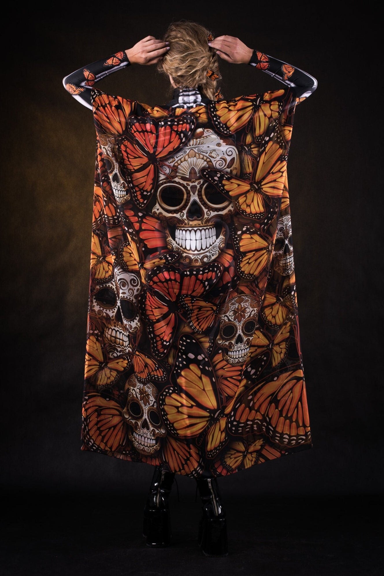 Orange Monarchy Butterflies Halloween kimono cape, featuring vibrant orange butterfly designs, perfect for Halloween or Day of the Dead celebrations.