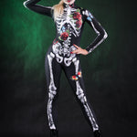 Roses Butterflies Skeleton Halloween costume for women, featuring a full-body skeleton catsuit with floral and butterfly accents, perfect for Day of the Dead or Halloween celebrations.