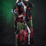 Close-up of the detailed rose and butterfly patterns on the flowing Halloween kimono cape, ideal for adding an elegant touch to Halloween or festival outfits.