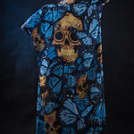 Blue Monarchy Butterflies kimono Halloween cape, featuring a flowing design with butterfly prints, perfect for Day of the Dead or Halloween costumes. Festival costume