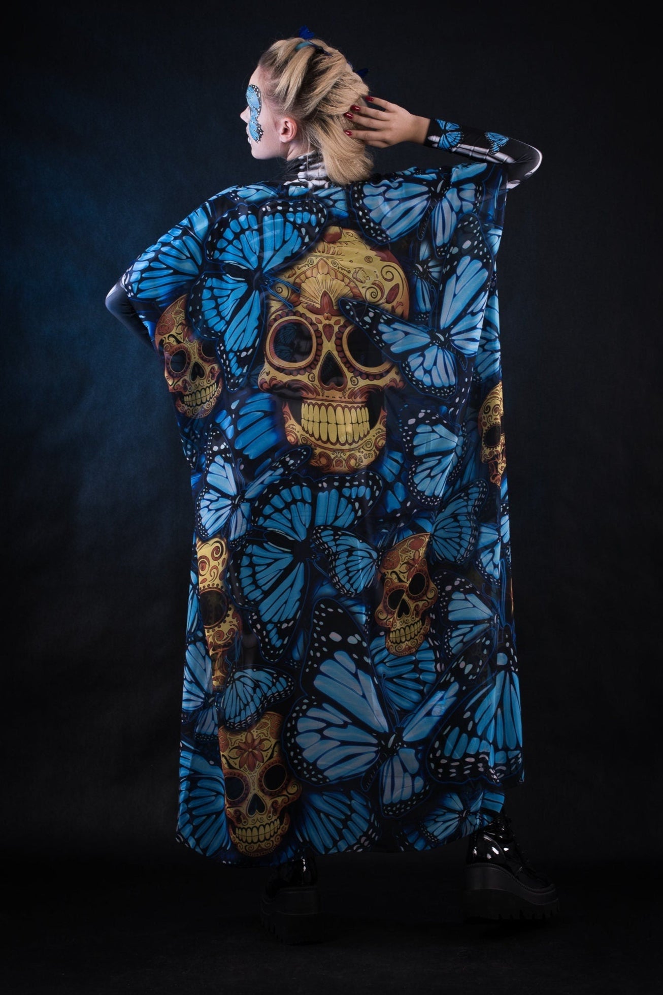 Blue Monarchy Butterflies kimono Halloween cape, featuring a flowing design with butterfly prints, perfect for Day of the Dead or Halloween costumes. Festival costume