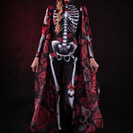 Close-up of the intricate red butterfly designs on the flowing kimono cape, ideal for adding a dramatic touch to Halloween or festival outfits.