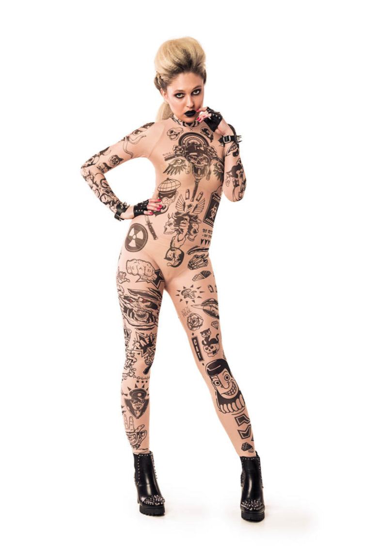 Dynamic front view of REBEL TATTOOS (black) Tattoo Catsuit for Women – model highlighting fingerless gloves, adding bold attitude and energy.
